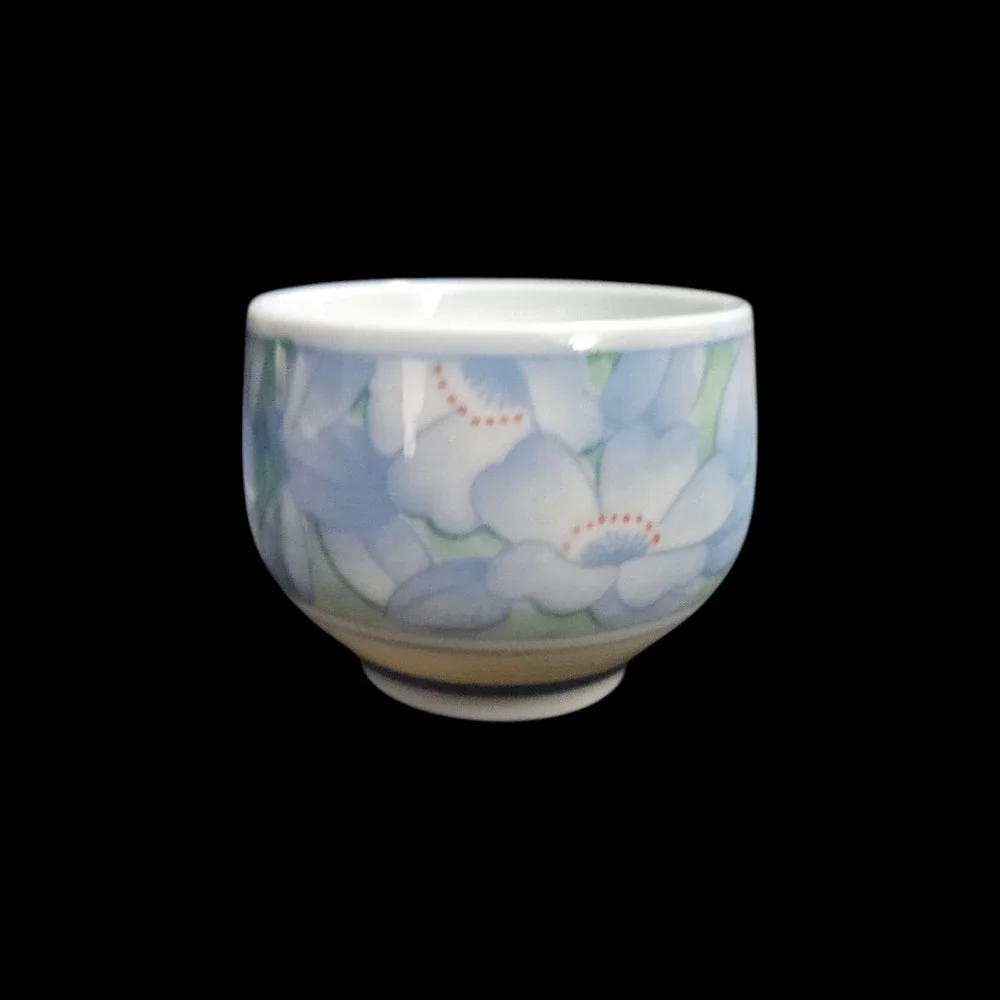 Set of 3 Floral Ceramic Tea Cups Pastel Blue Green Handleless Asian Style
